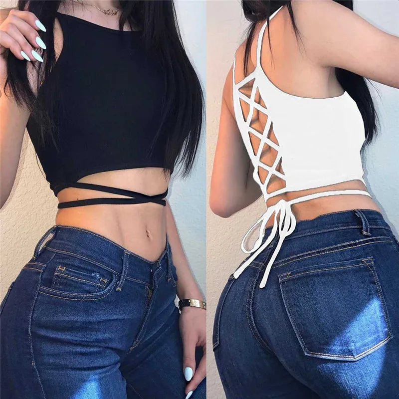 Sleeveless Short Crop Tops Camisoles Streetwear Black Backless Lace Up Croped Tops
