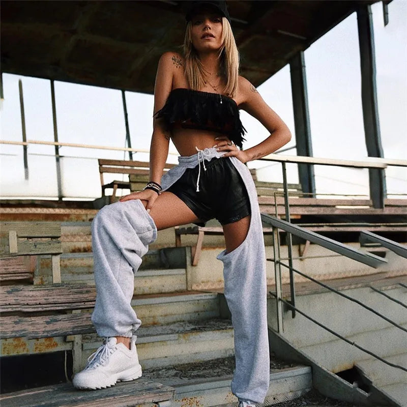 Women Cut Out Jogger Pants High Waist Hollow Out Casual Trousers