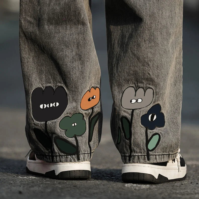 New Men's Y2K Flower Printed Baggy Jeans 2023 Streetwear American Casual Denim Wide-leg Pants Hombre Vintage Straight Trousers