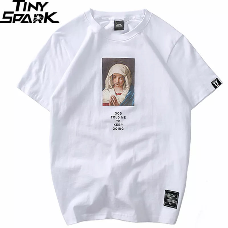 2023 Summer Men's T Shirts Virgin Mary Printed Casual Short Sleeve T-Shirt Cotton Hip Hop Tops Tee Fashion Streetwear Tshirt New