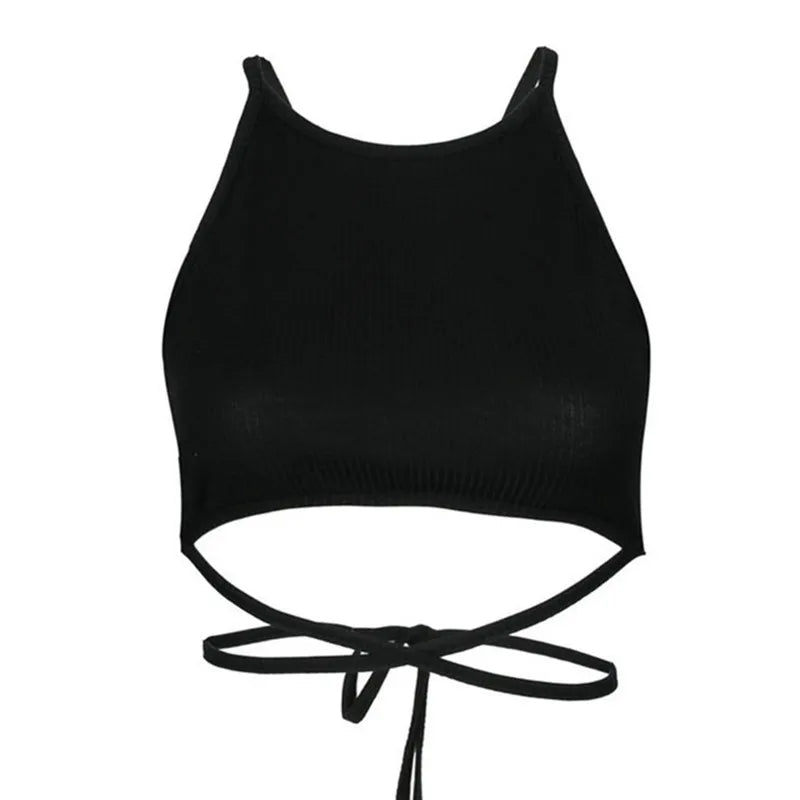 Sleeveless Short Crop Tops Camisoles Streetwear Black Backless Lace Up Croped Tops