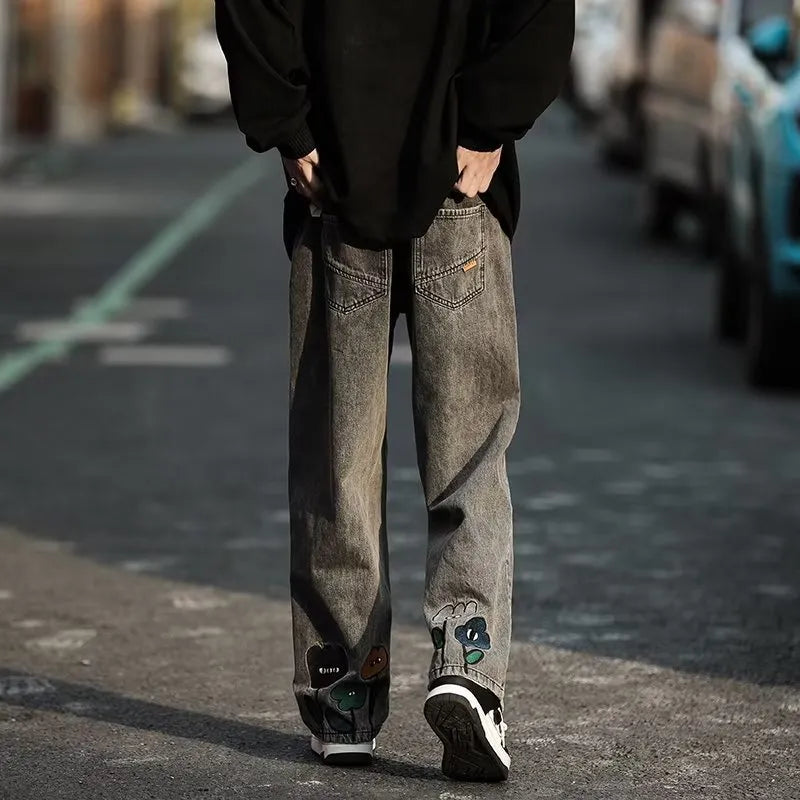 New Men's Y2K Flower Printed Baggy Jeans 2023 Streetwear American Casual Denim Wide-leg Pants Hombre Vintage Straight Trousers