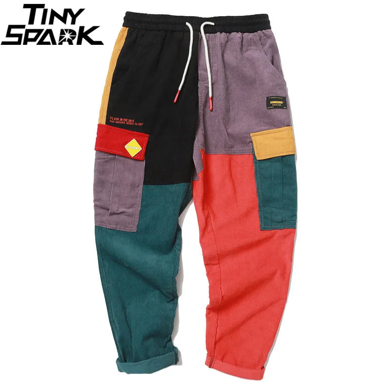 Hip Hip Pants Vintage Color Block Patchwork Corduroy Cargo Harem Pant Streetwear Harajuku Jogger Sweatpant Cotton Trousers 2024
